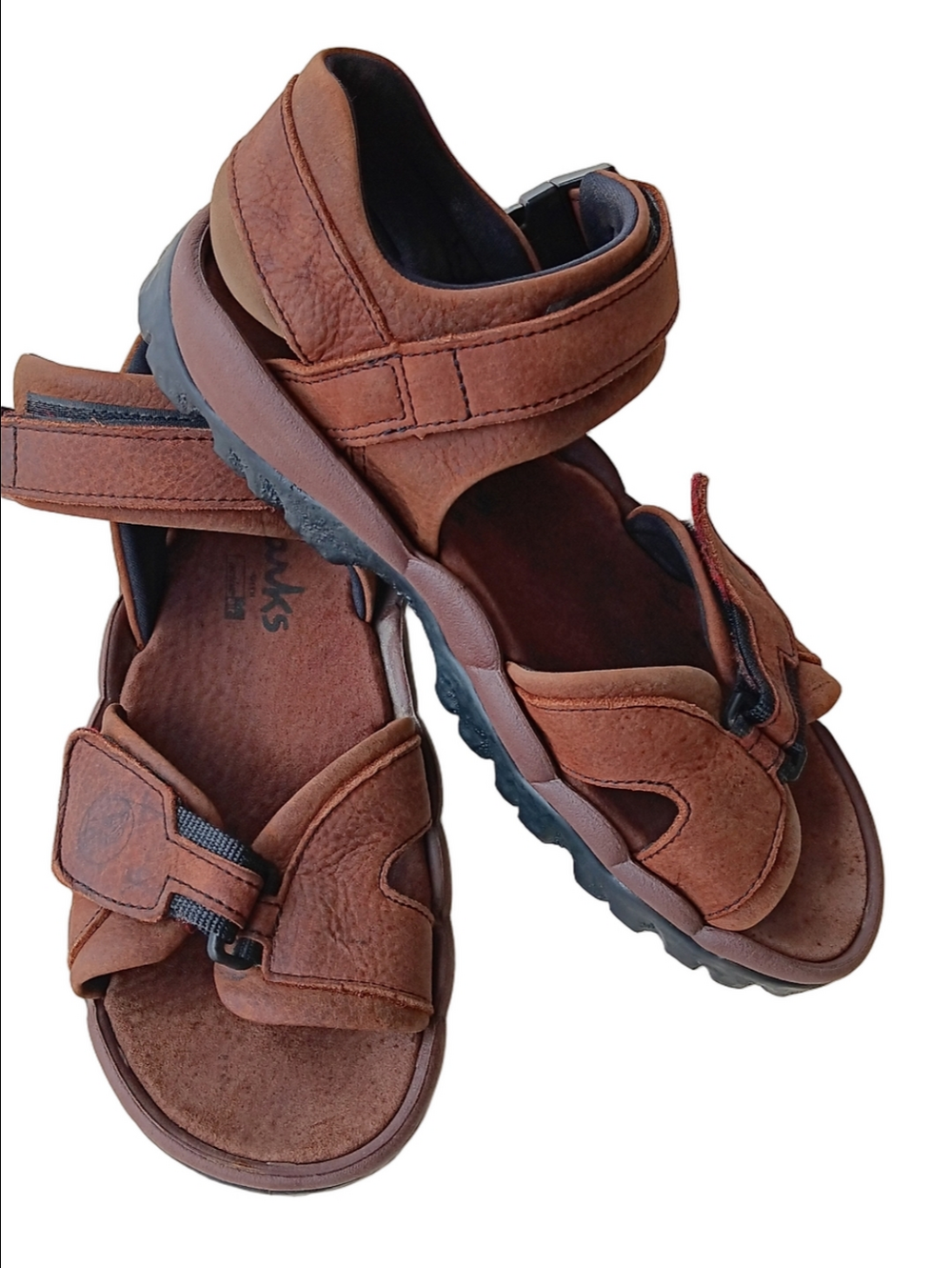 Clarks Men’s Brown Leather Hook-and-Loop Rugged Outdoor Sandals Air Trek Sole 12